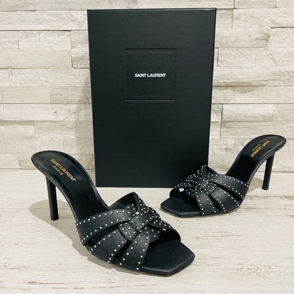 Saint Laurent Tribute Crackle Effect w/Studs Black Leather Stiletto Sandals Sz41 - Picture 3 of 16